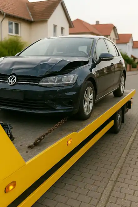 Ein defektes Auto, das in Braunschweig zum Autoankauf abgeschleppt wird.